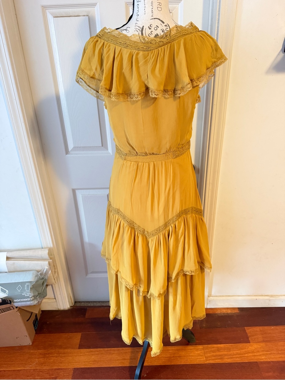 Anthropologie Mustard Ruffle Tiered Midi Dress - Picture 8 of 11